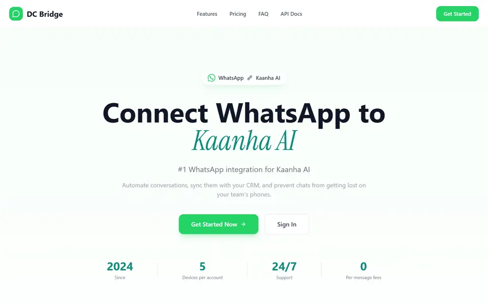 DC Bridge landing page: Connect WhatsApp to Kaanha AI