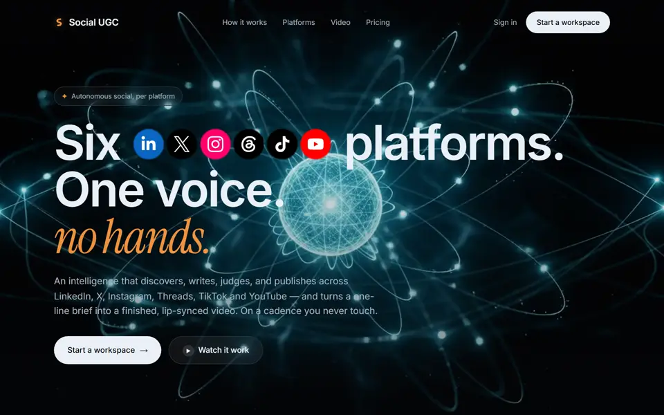 Social UGC landing page: Six platforms. One voice. No hands.